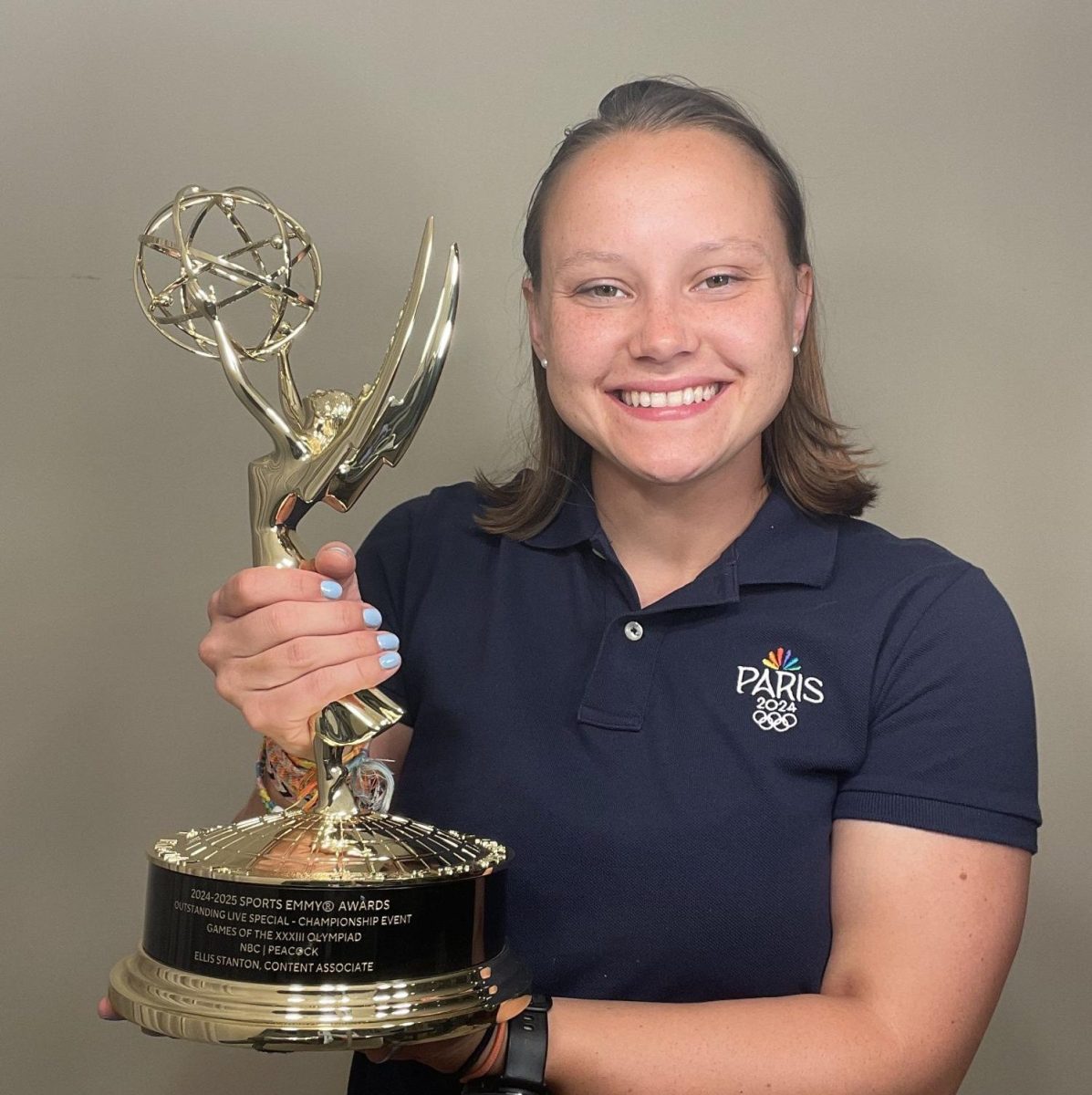 Ellis Staton, a Del Val substitute and alumna, posing with her Emmy. After spending her entire high school career as a part of Del Val's TV Media program, Stanton pursued a career in broadcasting, landing her a spot at the 2024 Paris Olympic Games and an Emmy. (Photo via Ellis Stanton)