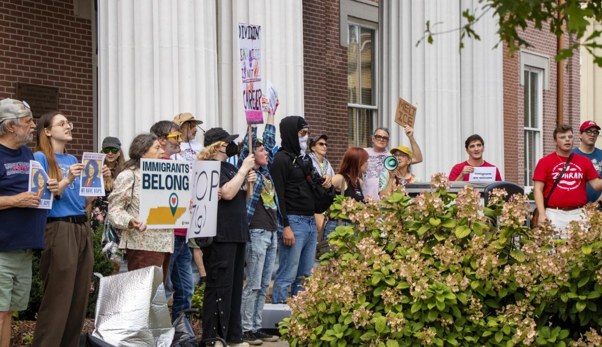 A crowd of about 30 people gathered at the Murfreesboro courthouse in the town square on Sept. 11, 2025, to protest against Rutherford county's potential support of Immigrations and Customs Enforcement.