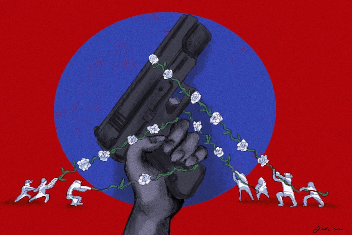 This image reflects the urgent crisis of gun violence, especially the growing number of school shootings in the United States. Every year, students and teachers face the fear and trauma of attacks that should never happen inside a classroom. The small figures pulling against the gun represent the ongoing efforts of communities, activists, and young people to push for change. For example stricter gun laws, safer schools, and a future where education isn’t overshadowed by violence. It’s a reminder that stopping gun violence is not just a political debate but a fight for children’s lives and the safety of every community.