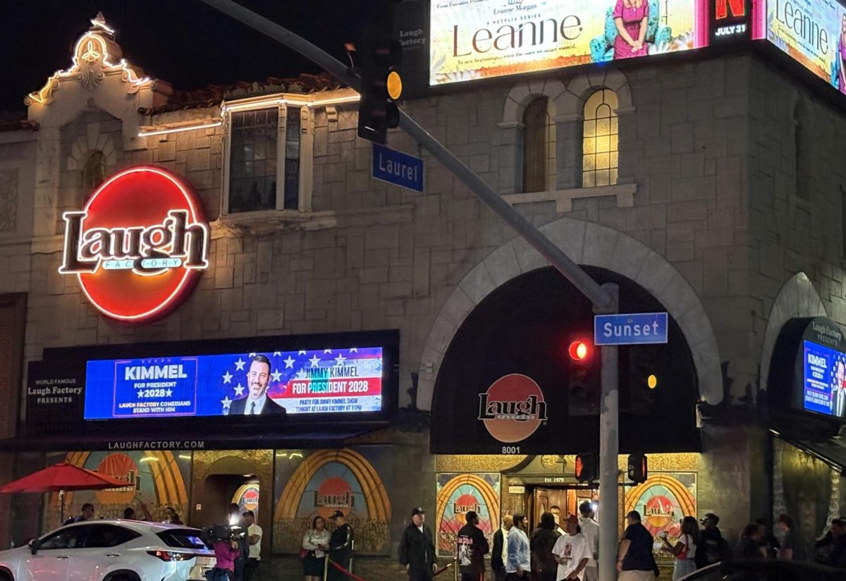 The exterior of the Laugh Factory displays a "Kimmel for President" banner. Comedian and friend of Kimmel Chris Spencer organized a live broadcast of "Jimmy Kimmel Live!" for comedians to show Kimmel support after his brief suspension Tuesday, Sept. 23. 