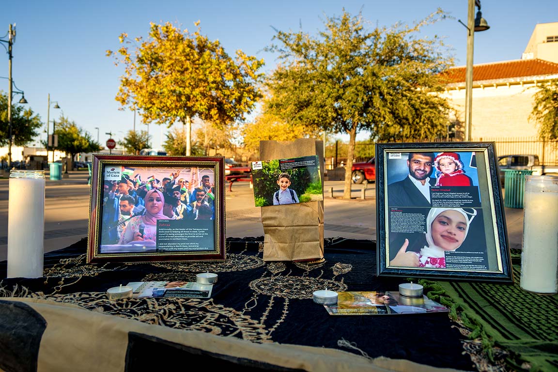 Martyrs of Gaza Zahraa, Udai Abu Ghoula, Tamer Miqdad, and Noor Al-Fara are honored at the Palestine Vigil altar on October 5, 2025.