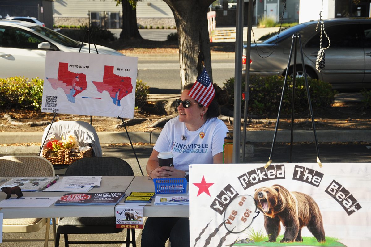 A member of Indivisible Mid-Peninsula sits at a booth at the Belmont Farmers Market, looking to bring awareness and encourage voting for Proposition 50. This is just one of the many ways the Democratic Party of California is canvassing for Proposition 50. “We speak often on public forums. That’s probably the biggest thing we do. There are a lot of grassroots groups knocking on doors, texting, and making phone calls. There are mailers going out and money is being raised,” said Diane Papan, an assembly member in the California State Assembly.