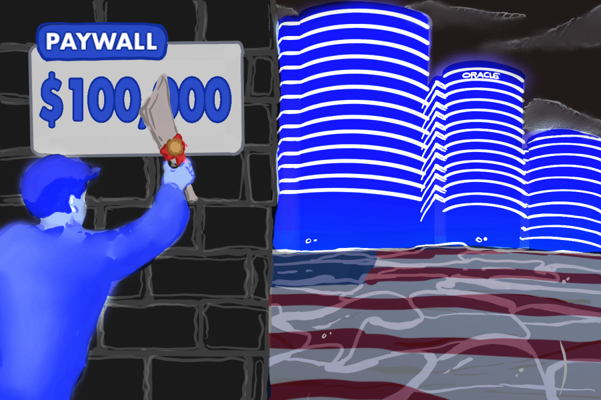 A foreigner shows their degree of education in an attempt to attain H-1B status to enter the United States. However, they're blocked by a large $100,000 paywall. The White House's fee is a barrier for skilled professionals seeking employment in the U.S.