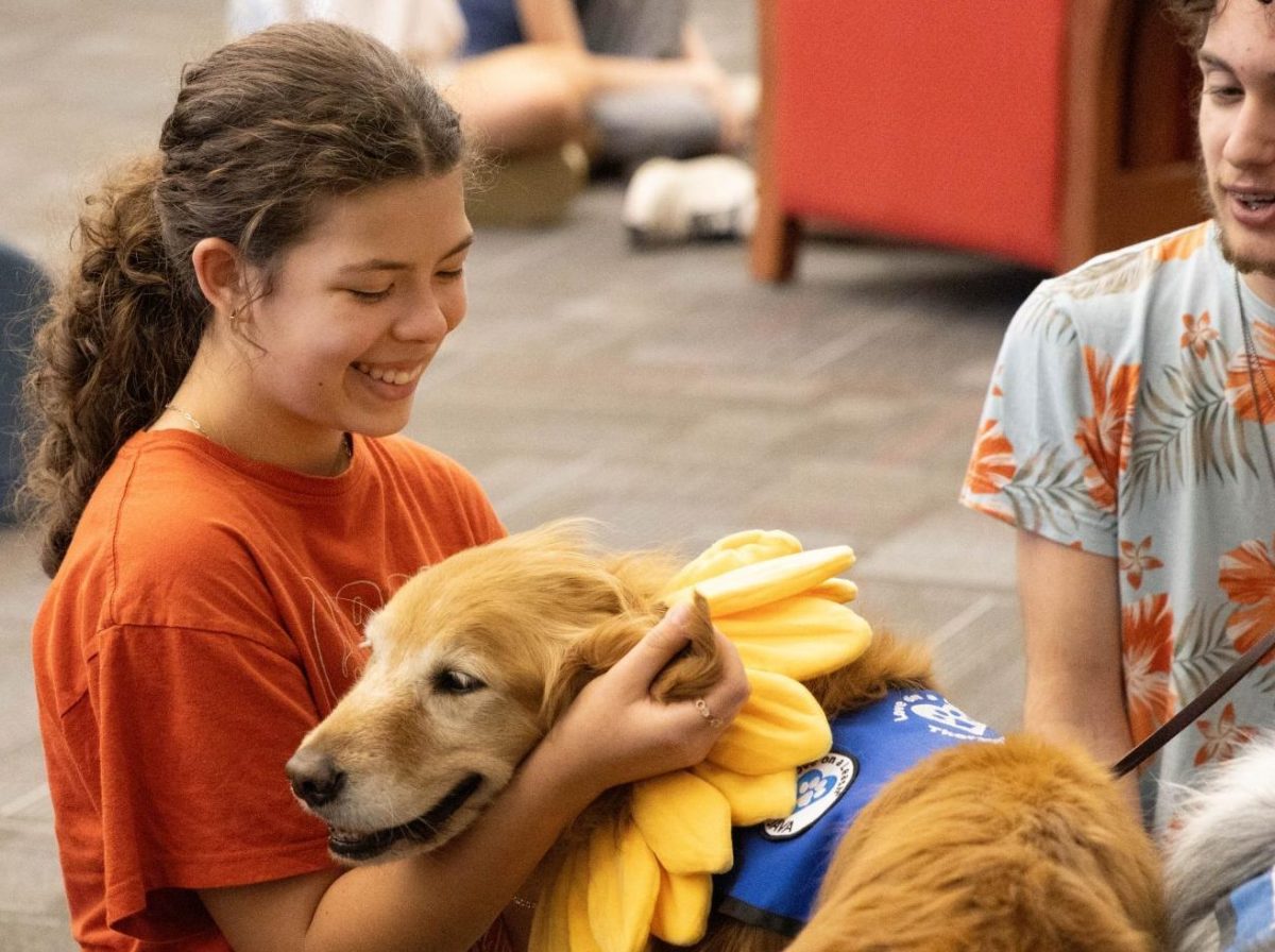 Emery Miyasaki (10), shares pets and smiles with a therapy dog from Love on a Leash. The popular program has been on hiatus here until board-certified paperwork is completed. 