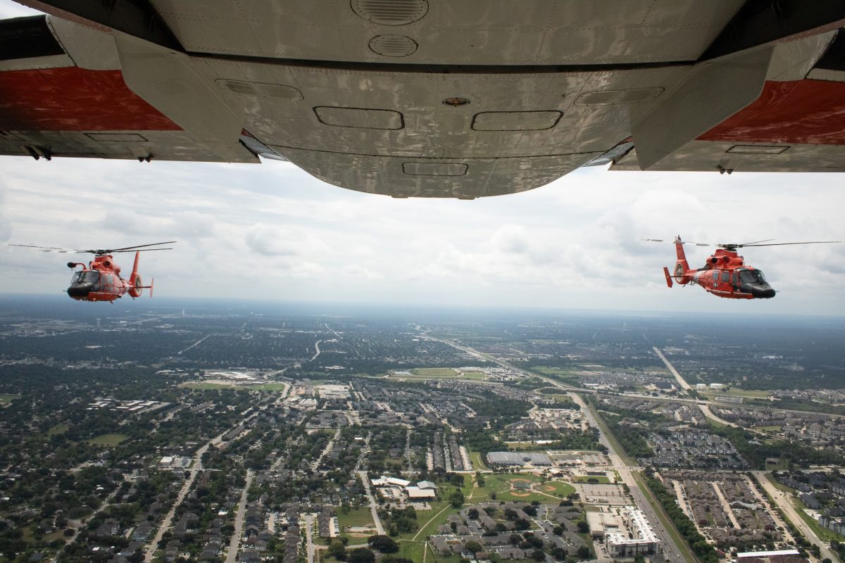 Two MH-65 fly during the Fly Over for the Texas A&M Utah State Aggies Football Game above College Station on Saturday, Sept. 6, 2025. (Tilly Hillje/The Battalion)