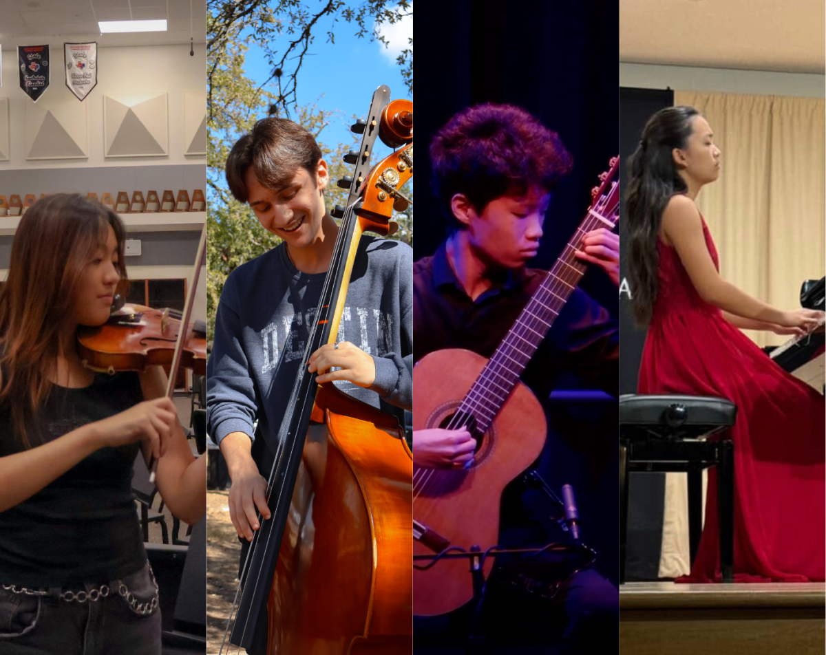 Concentrated, seniors Natalie Ju, Dorian Herri, Brandon Kim, and Imy Gao play their respective instruments. Taking the extra step, these student musicians not only pursue higher-level musical opportunities, but also take to Instagram to share their progress and passion for their instrument.