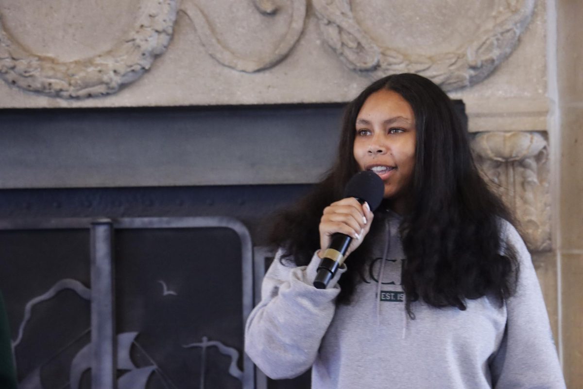 Poetry Out Loud 2025 California State Champion Selah Johnson ('26) performs the poem "Black Matters" by Keith S. Wilson to 11th grade students at a class meeting Thursday, Dec. 11. Johnson and several other students announced the formation of Poetry Allowed at 10th, 11th and 12th grade class meetings, after Archer withdrew from Poetry Out Loud due to concerns over diversity.