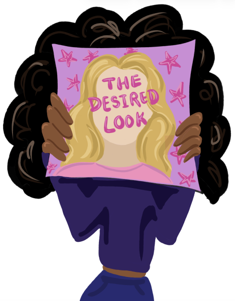 A darker-skinned woman with curly hair holds up a magazine depicting ideal beauty standards.