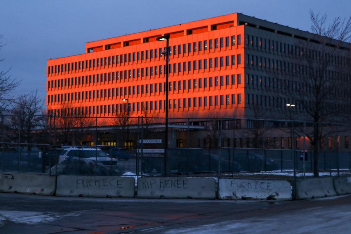 The sun sets over the Bishop Henry Whipple Federal Building, a temporary ICE detention site and processing center during the Twin Cities immigration operations, Jan. 15 2026.