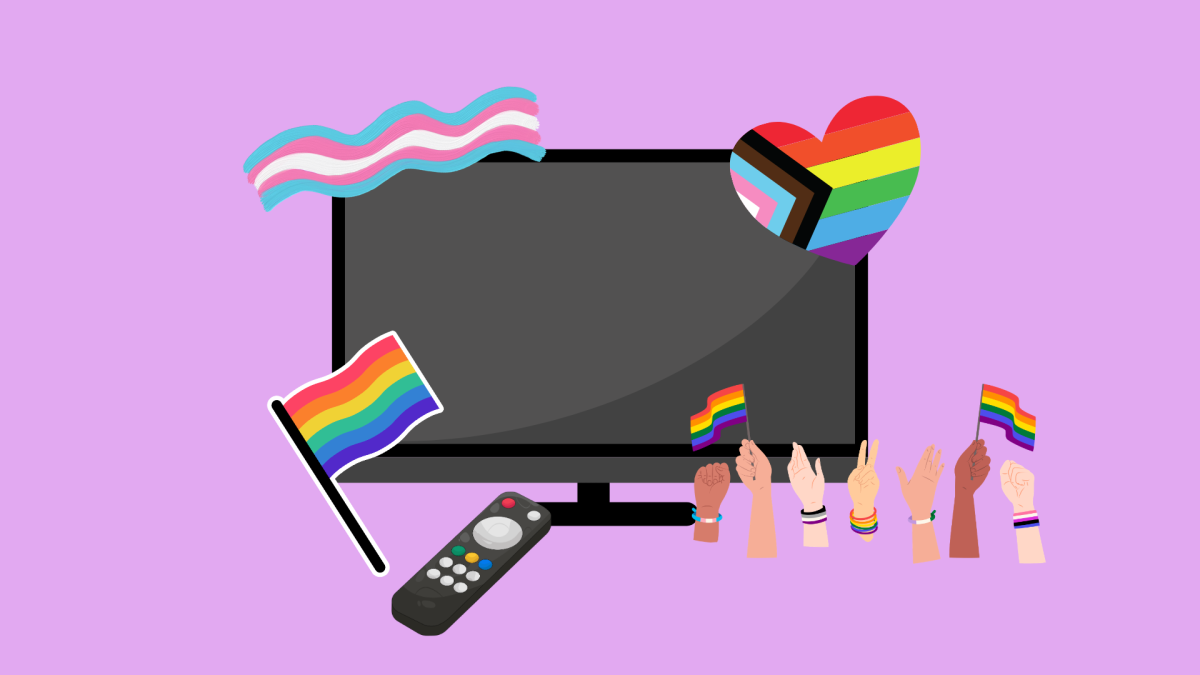 Queer flags are placed against a television screen. Having queer characters in the media is important because it can allow LGBTQ+ people see themselves represented. According to PBS all forms of diversity and representation are important to include in shows because they more accurately reflect society. 
(Graphic Illustration by Ardyn Maynard)