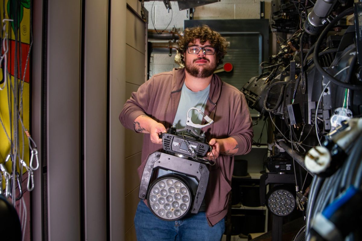University of Missouri junior Joey Seevers poses with a light on Thursday, April 2 at Rhynsburger Theatre in Columbia, Mo. Seevers is currently working as a lighting designer for Mizzou theater’s spring dance concert, “Catalyst.” 