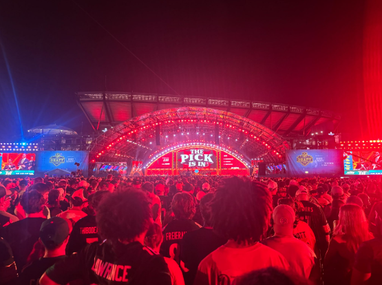 The stage of the draft theater is lit up before the Tampa Bay Buccaneers make their first-round pick on Thursday night. 