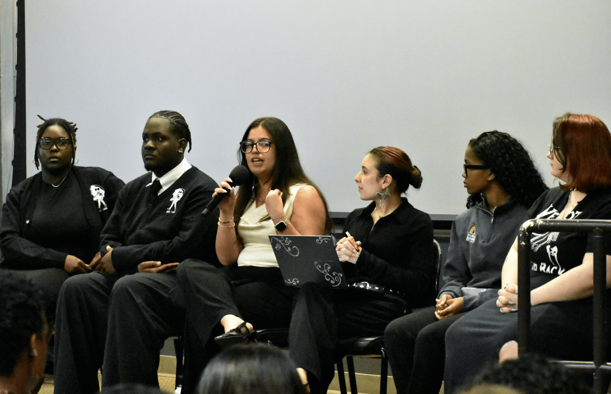 ALAS President Karina Franquiz Capestany speaks at the town hall meeting on Monday, April 6, at Allen Auditorium in Columbia, Mo. 