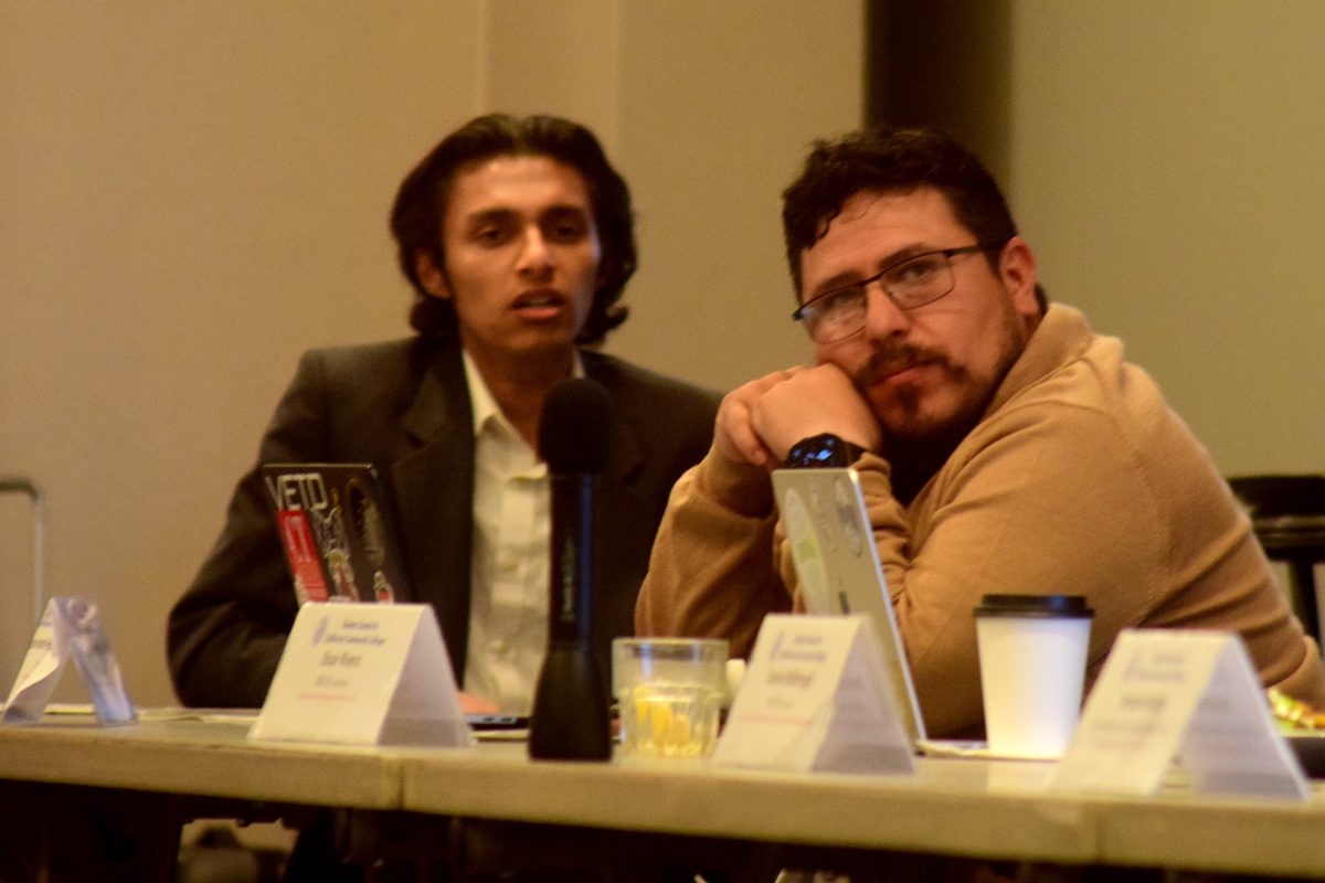 Evergreen Valley College economics major and removed Regional Affairs Director IV Vivek Sharma (left) and Regional Affairs Director X Yonatan "Yogi" Hernandez (right), San Diego City College engineering and journalism major (right) sit through public comment at the Student Senate for California Community Colleges Board of Directors meeting on March 26 at Hyatt Regency SFO in Burlingame. Board president Jerry Reyes did not recognize public comment outside of the first session of the meeting, including comments about agendized items.