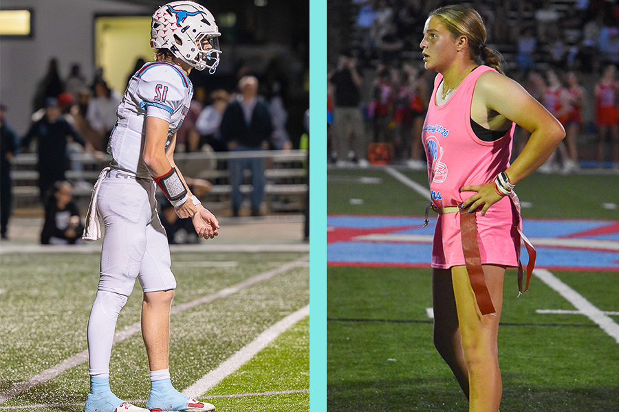In game months apart, senior Brett Ottensmeyer and junior Noor Hacking stand as quarterbacks in their respective games. Ottensmeyer was a four-year quarterback for the Longhorns; Hacking served as quarterback in the 2025 powderpuff game. “There are many challenges [to being a woman in sports]. People underestimate you and you have to work extra hard to get recognition. Sports are a big part of my life because I have played sports my entire life and have grown up [seeing] women set a high standard,” Hacking said. 