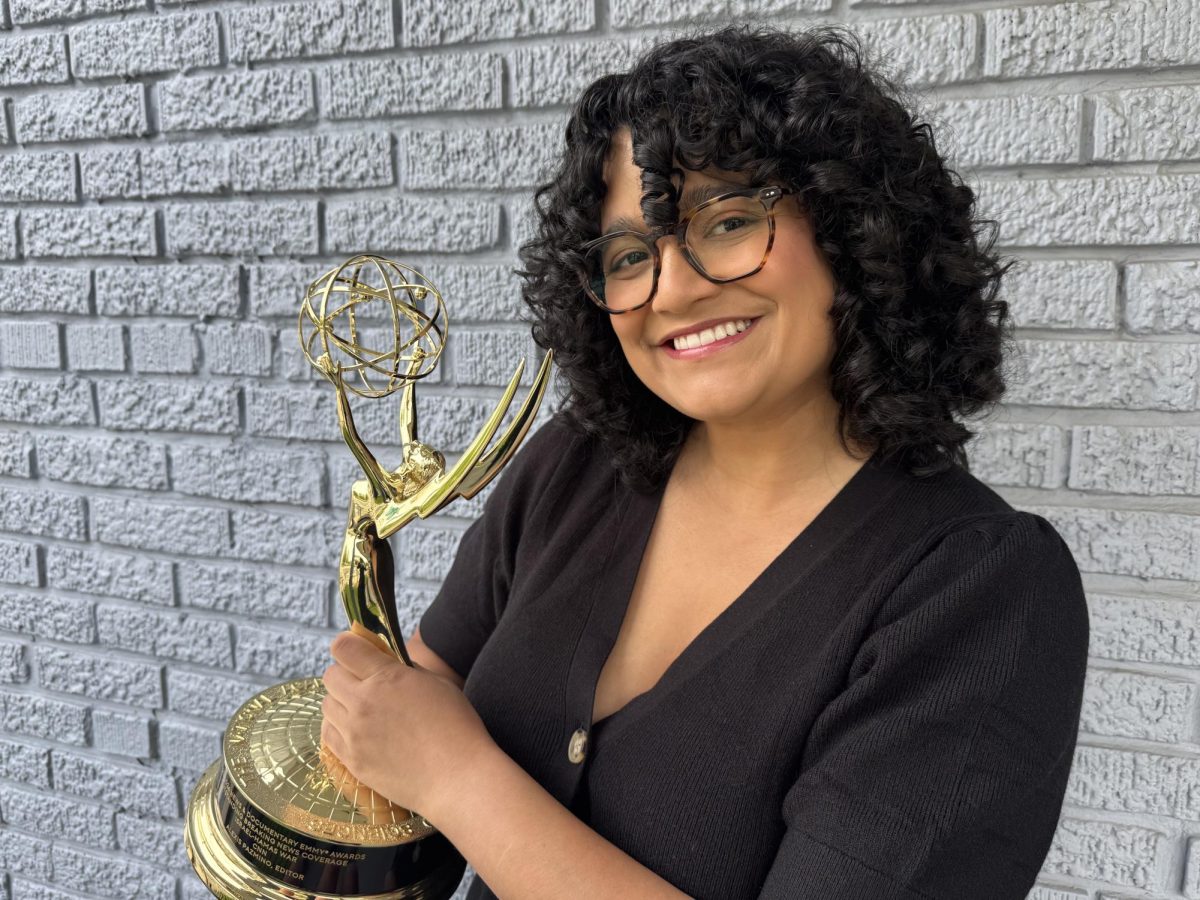 Pazmiño with her Emmy Award that she won for being a member of the team covering the Israel-Hamas war in 2024 (photo courtesy of Alexis Pazmiño).